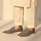 Men's Textured Grey Leather Penny Loafers with Contrasting White Sole