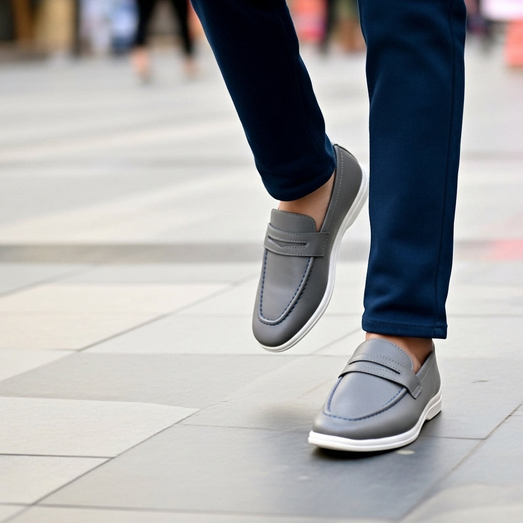 Men's Textured Grey Leather Penny Loafers with Contrasting White Sole